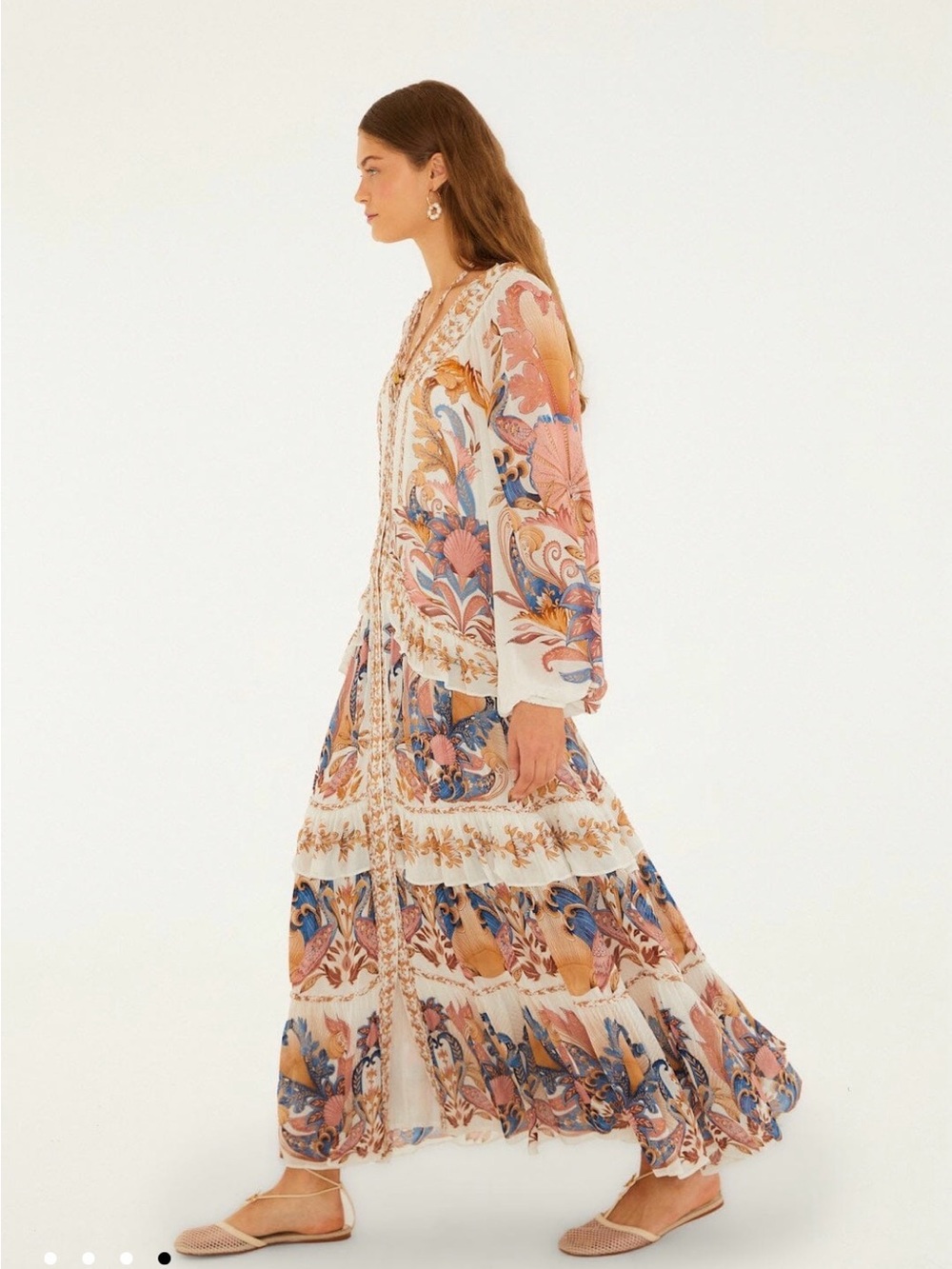 FARM Rio Off-White Sea Garden Ruffled Maxi Dress
